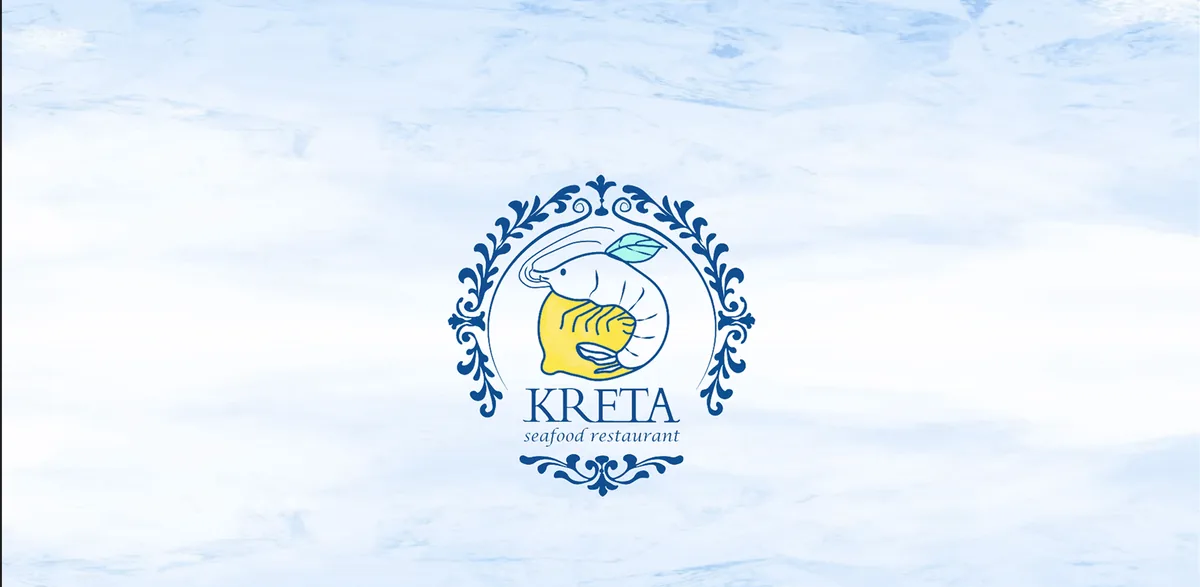 KRETA seafood restaurant crest with a shrimp and lemon on a pale blue background